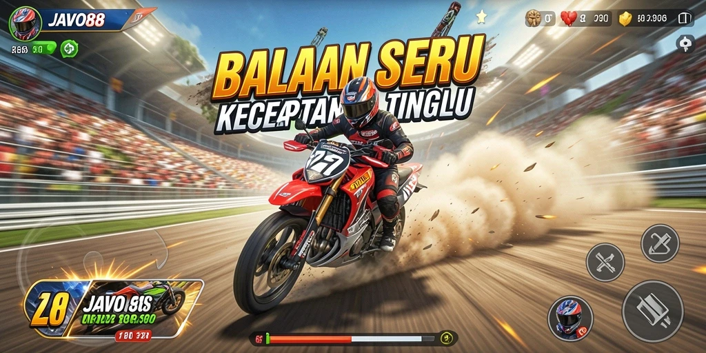 Tangkapan layar gameplay <strong>JAVO88</strong> menunjukkan balapan seru dengan mobil yang melaju cepat.