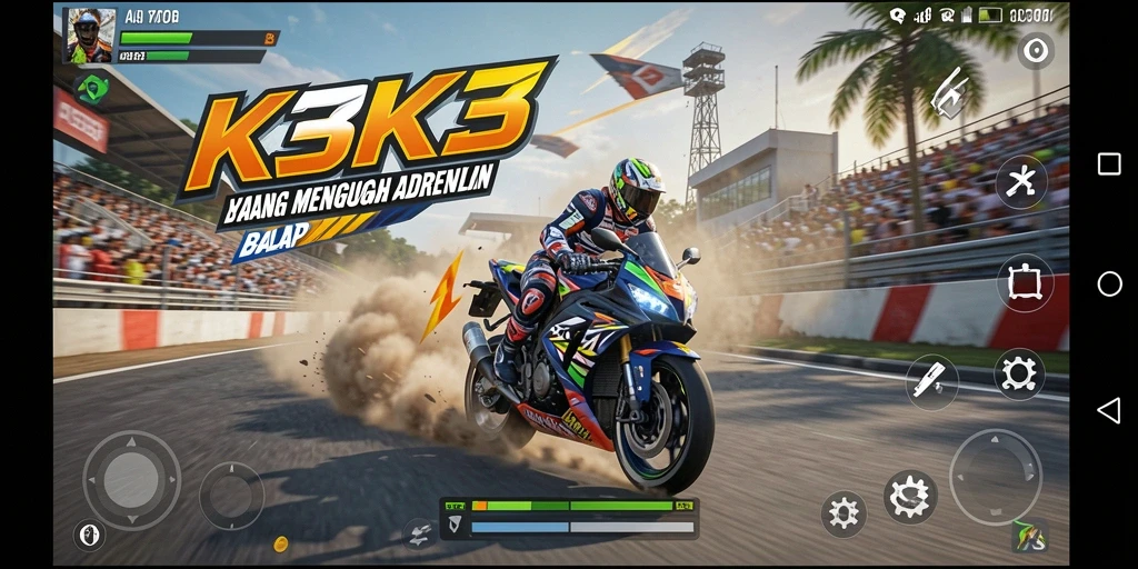 Gameplay K3K3 yang mendebarkan dan seru saat balapan motor.