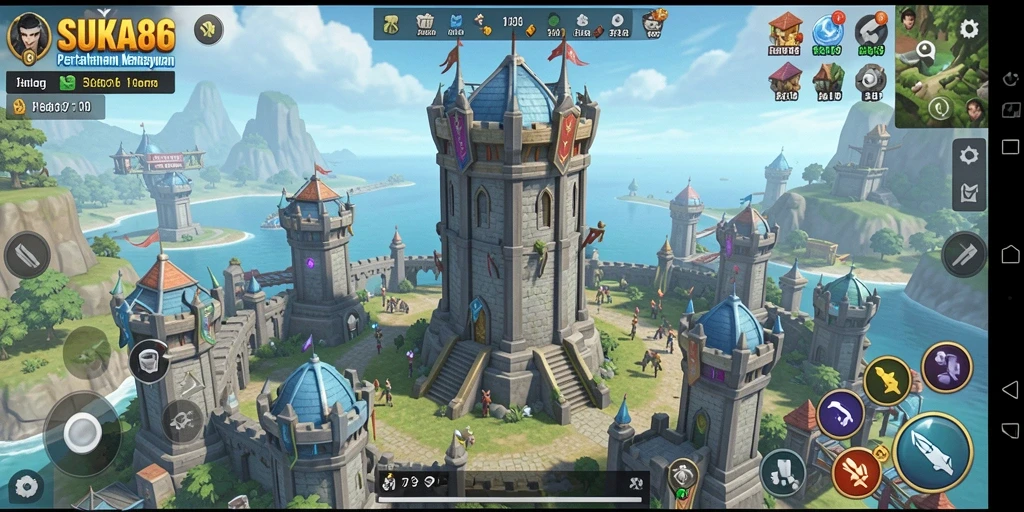 Tampilan gameplay SUKA86 dengan menara dan musuh yang beragam.