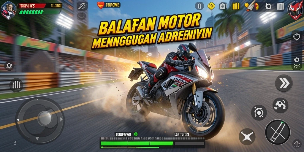 Gameplay seru dan mendebarkan dalam balapan motor TOOPGWS.